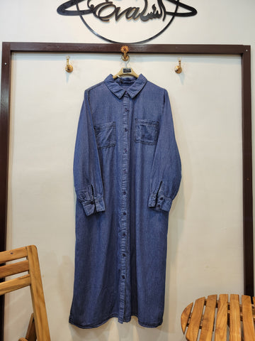 Denim Long Front Open Shirt (Dark Blue)