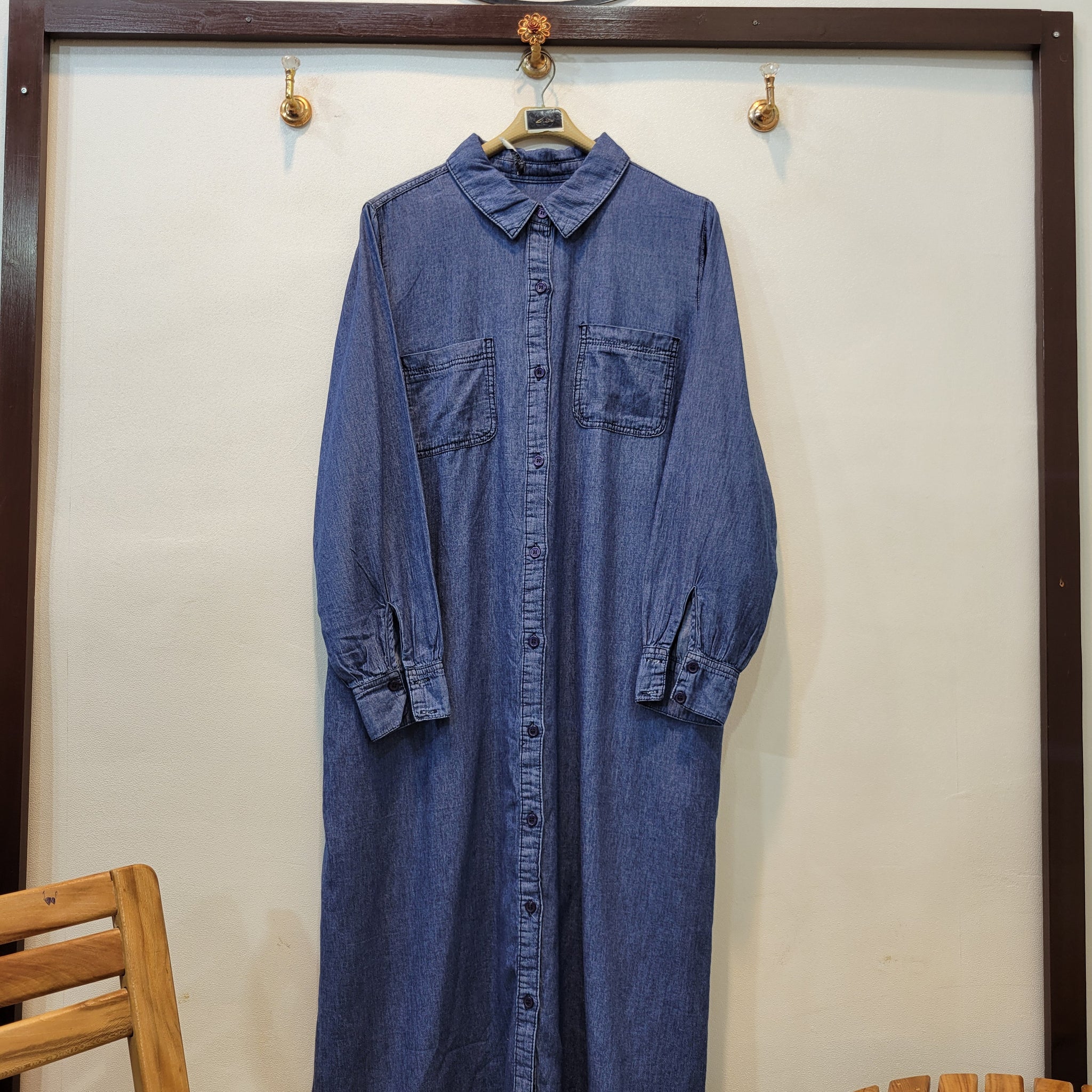 Denim Long Front Open Shirt (Dark Blue)